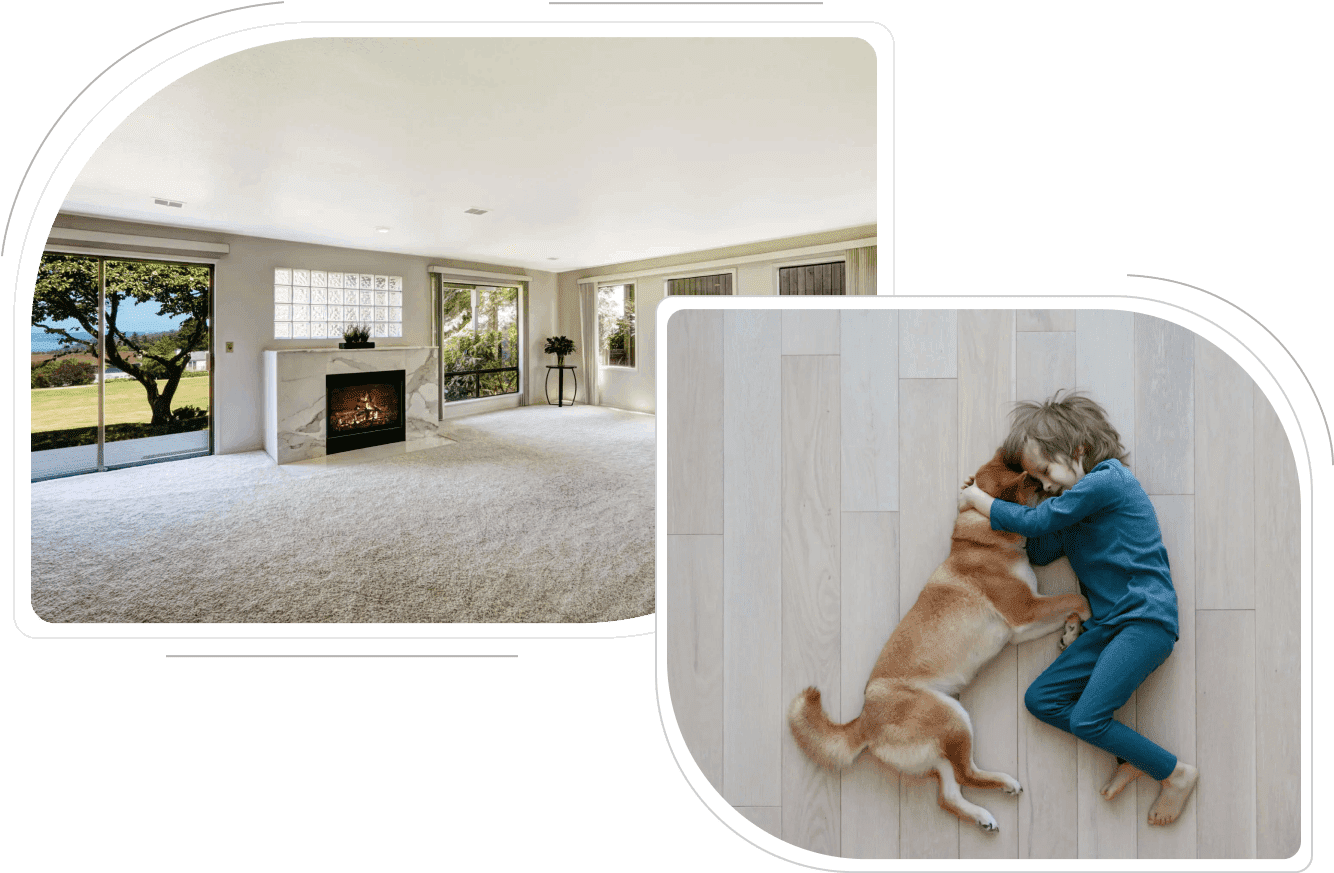 Group-2 Spacious room and child hugging dog.