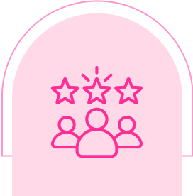 Three people with stars, pink background.