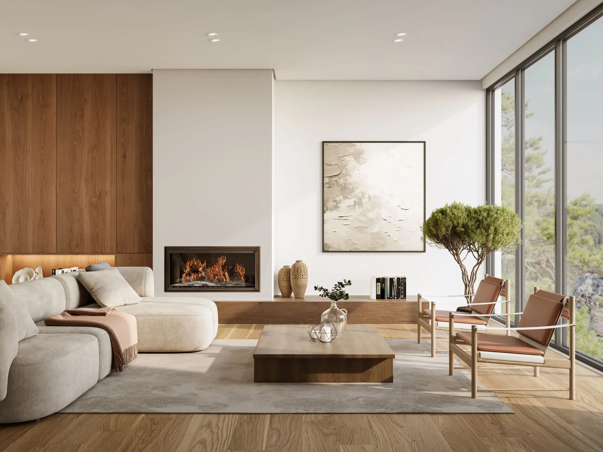 Modern living room with fireplace and artwork.